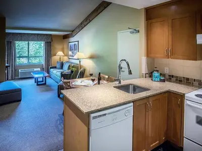 a kitchen with a sink and a living room at Pemberton Valley Lodge in Pemberton