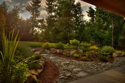 a garden with rocks and plants in a yard at Shawnigan Suite B & B in Shawnigan Lake