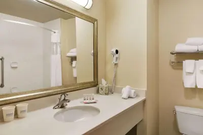 a bathroom with a sink and a mirror and a toilet at Days Inn & Suites by Wyndham Edmonton Airport in Leduc