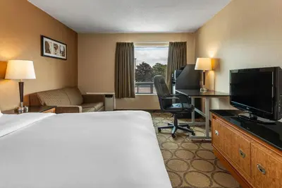a hotel room with a bed and a desk and a television at Comfort Inn West in Edmonton