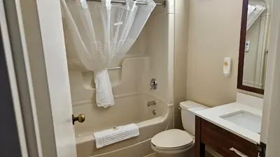 a bathroom with a shower and a toilet and a sink at Comfort Inn in Chilliwack