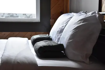 two pillows on a bed in a room with a window at PARTY HOSTEL - The Canmore Hotel Hostel in Canmore