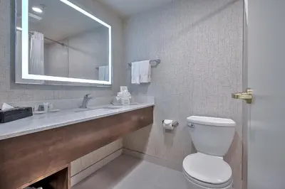 a bathroom with a toilet and a sink and a mirror at Comfort Inn & Suites South in Calgary