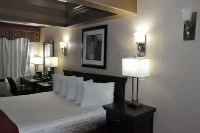 a bedroom with a bed with white pillows and lamps at Ramada by Wyndham Abbotsford in Abbotsford