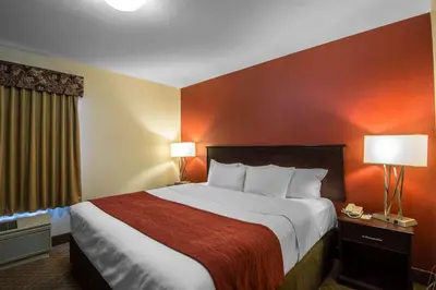a hotel room with a large bed with red walls at Comfort Inn & Suites Airport South in Calgary