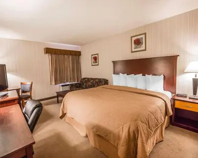 a hotel room with a bed and a television at Quality Inn & Conference Centre in Red Deer