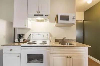 a kitchen with a white stove and a sink at Econo Lodge Inn & Suites High Level in High Level