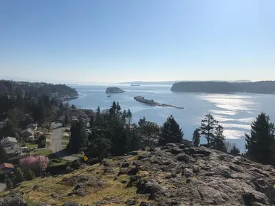a view of the ocean from the top of a hill at Mid-Island Getaway - Sunken Hot Tub & Deck - Close to Beach - Modern in Nanaimo