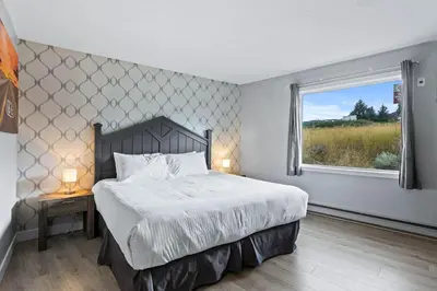 a bedroom with a large bed and a window at The Vista Inn in Kamloops