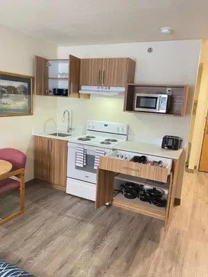 a kitchen with a stove and a sink and a microwave at Rodeway Inn in Edson