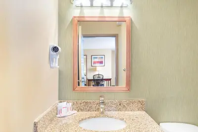 a bathroom with a sink and a mirror at Ramada by Wyndham Williams Lake in Williams Lake