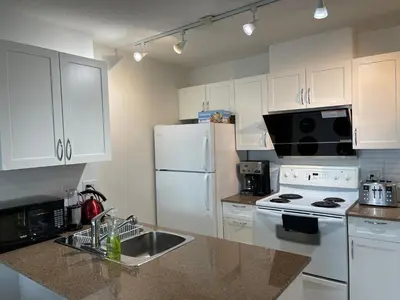 a kitchen with a white refrigerator and a sink at Vancouver Downtown Central 1 bedroom Condo in Vancouver