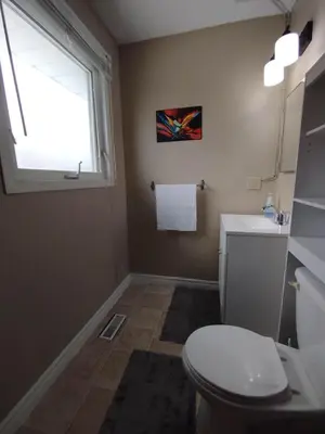 a bathroom with a toilet and a sink and a window at Jenny Guest House in Yellowknife