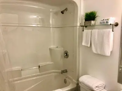 a bathroom with a shower and a toilet and towels at Pines Motel in Sicamous