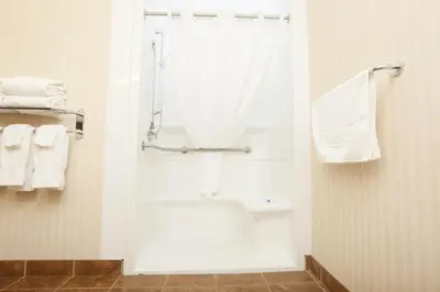 a bathroom with a tub and a shower with towels at Stonebridge Hotel Dawson Creek in Dawson Creek