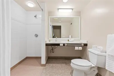 a bathroom with a toilet and a sink and a mirror at Best Western Plus Columbia River Hotel in Trail