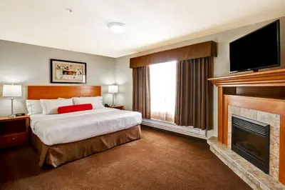 a hotel room with a bed and a fireplace at Canalta Provost in Provost