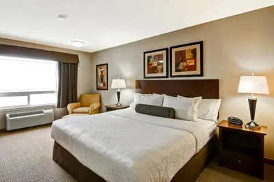 a hotel room with a bed and a chair at Canalta Oyen in Oyen