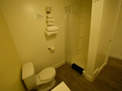 a bathroom with a toilet and a shower with towels at Creston Valley Motel in Creston