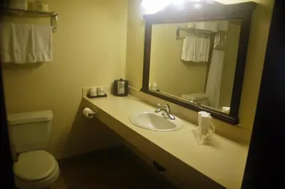 a bathroom with a sink and a toilet and a mirror at Days Inn by Wyndham Athabasca in Athabasca