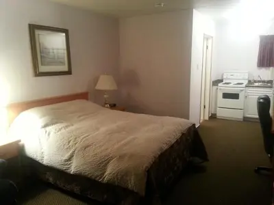 a bedroom with a bed and a stove at Heritage Inn in Hope