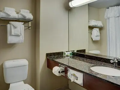 a bathroom with a toilet and a sink and a mirror at Lakeview Inns & Suites - Slave Lake in Slave Lake