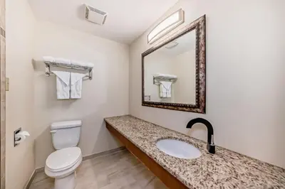 a bathroom with a toilet and a sink and a mirror at Stony Plain Inn & Suites in Stony Plain