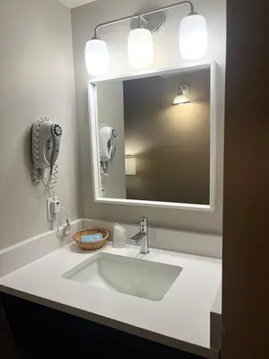 a bathroom with a white sink and a mirror at Revelstoke Lodge in Revelstoke