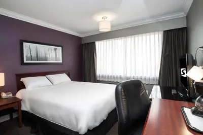 a hotel room with a large bed and a desk at Sandman Hotel & Suites Williams Lake in Williams Lake
