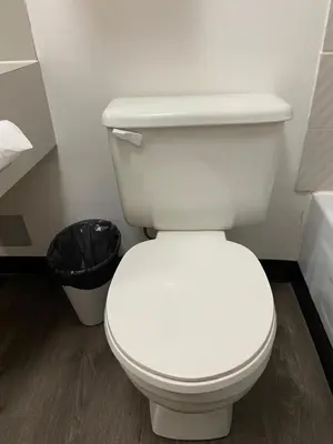 a white toilet in a bathroom with a trash can at Mountain View Motel in Smithers