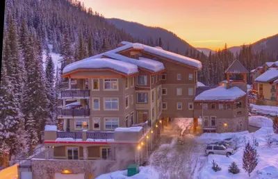 an aerial view of a lodge in the snow at Kookaburra Lodge #203 By Bear Country in Sun Peaks