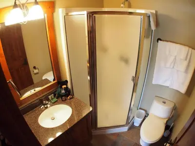 a bathroom with a shower and a sink and a toilet at Trappers Landing #27 By Bear Country in Sun Peaks