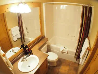 a bathroom with a sink and a toilet and a tub at Crystal Forest #72 By Bear Country in Sun Peaks