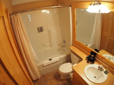 a bathroom with a shower and a toilet and a sink at Crystal Forest #07 By Bear Country in Sun Peaks