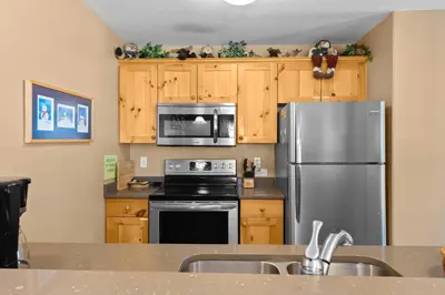 a kitchen with stainless steel appliances and wooden cabinets at Crystal Forest #22 By Bear Country in Sun Peaks