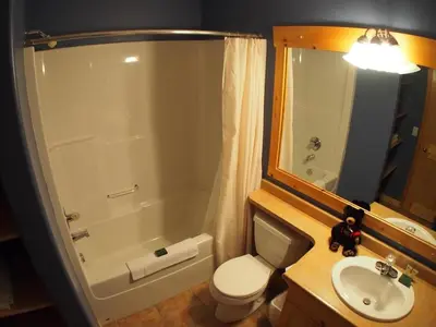 a bathroom with a toilet and a sink and a shower at Crystal Forest #04 By Bear Country in Sun Peaks