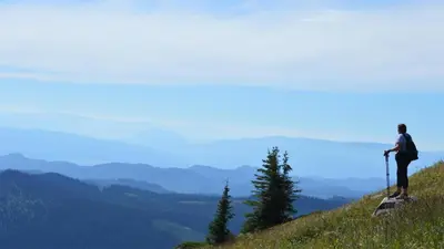a man standing on top of a hill looking at the mountains at Stones Throw #12 By Bear Country in Sun Peaks