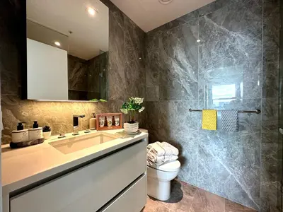 a bathroom with a sink and a toilet and a mirror at Gorgeous Place In Downtown RMD in Richmond