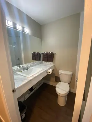 a bathroom with a sink and a toilet at Imperial Motel in One Hundred Mile House