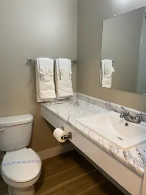 a bathroom with a sink and a toilet and a mirror at Imperial Motel in One Hundred Mile House