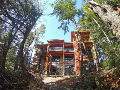 a house being constructed in the woods at The Cabins at Terrace Beach in Ucluelet