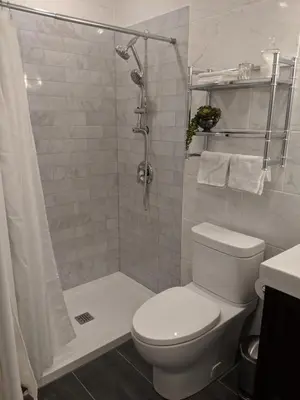 a white bathroom with a toilet and a shower at Oceanspray Hideaway in North Saanich