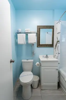 a blue bathroom with a toilet and a sink at Ace Motel in Princeton
