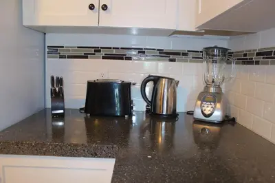 a kitchen counter with a blender on a counter top at Mossy Hill Suite in Salt Spring Island