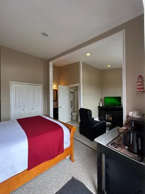 a hotel room with a large bed and a television at Pacific Rim Guest Lodge - Adults Only in Ucluelet