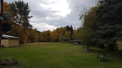 a yard with a chair in the grass at Rivermount Motel in Little Fort