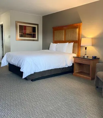 a hotel room with a large bed and a chair at Anavada Inn & Suites - Prince George in Prince George