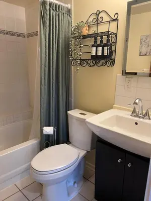 a bathroom with a white toilet and a sink at Wildflower Suite in Whistler