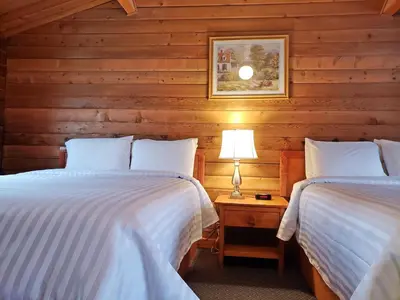 two beds in a room with wooden walls at Rocky Inn in Valemount
