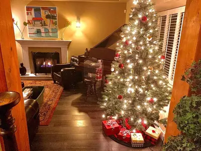 a christmas tree in a living room with presents at Corkscrew Willow Estate in Vancouver